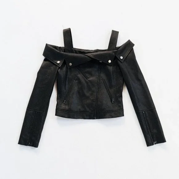 BCBGMAXAZRIA Clyde Cold-Shoulder Faux-Leather Moto Jacket in black size - Picture 2 of 7